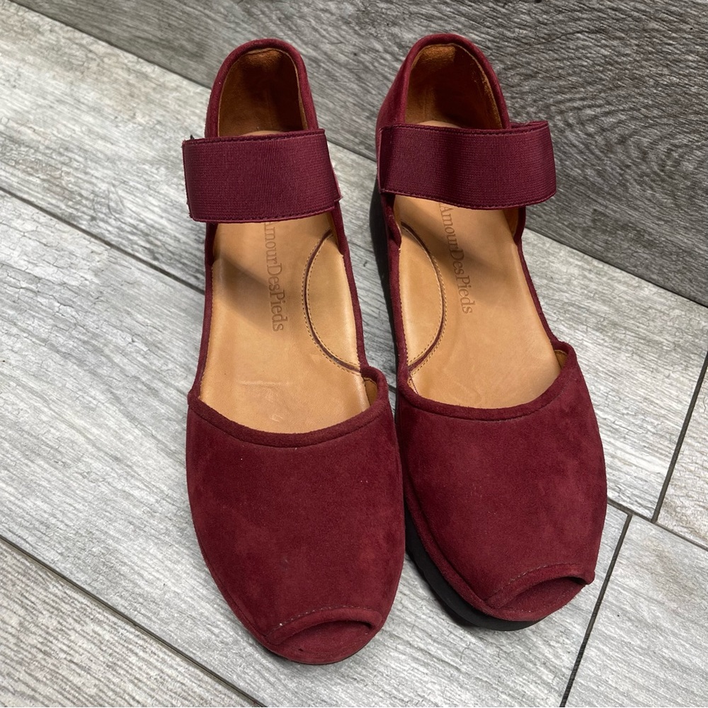 L'Amour Des Pieds Womens Amadour Platform Wedge Sandals Burgundy Suede 9M - Picture 2 of 10